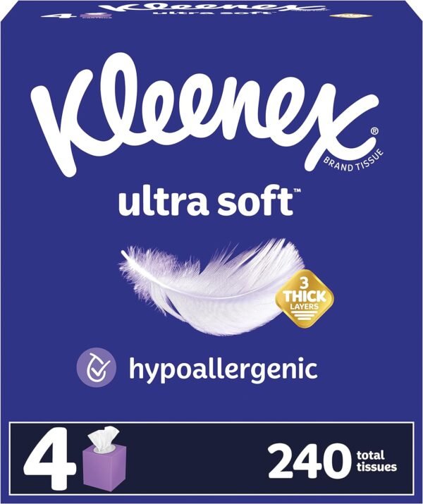 Ultra Soft Facial Tissues, 4 Cube Boxes, 60 Tissues per Box, 3-Ply (240 Total Tissues), Packaging May Vary