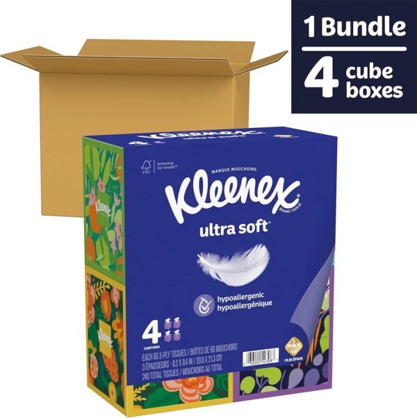 Ultra Soft Facial Tissues, 4 Cube Boxes, 60 Tissues per Box, 3-Ply (240 Total Tissues), Packaging May Vary - Image 3